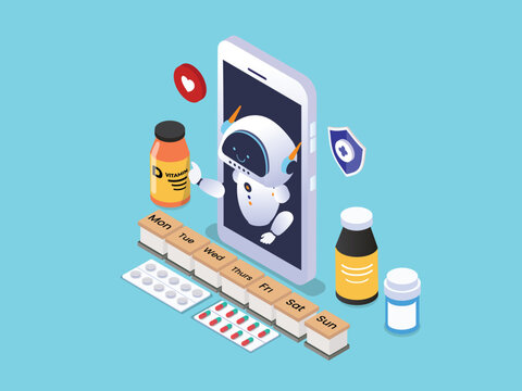 AI Medical Healthcare and Smart Pill Reminder Mobile App Concept 3d isometric vector illustration