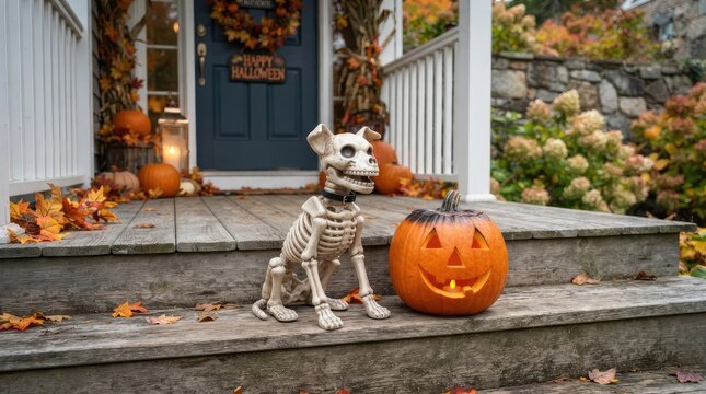 Whimsical halloween skeleton dog figure beside carved pumpkin on autumn porch steps with decorated halloween playful surrounded fallen leaves