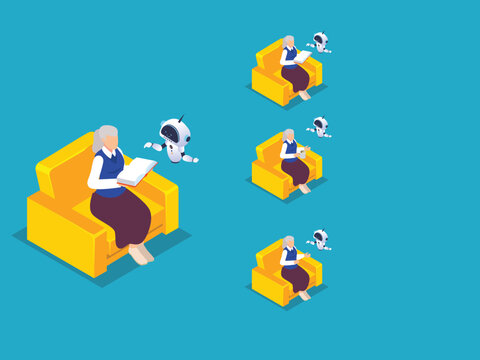 AI Companion Robot Assisting Senior Woman Reading and Relaxing in Armchair 3d isometric vector illustration