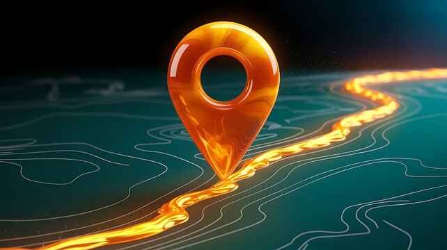 Glowing orange location pin marker standing on a detailed digital topographic map with a luminous path illustrating navigation and travel route