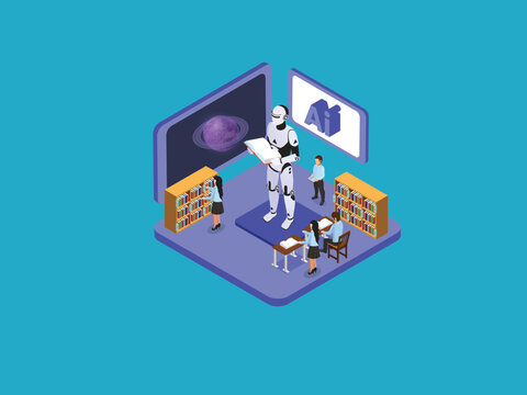 AI Robot Teacher Teaching Students in Future Digital Classroom 3d isometric vector illustration