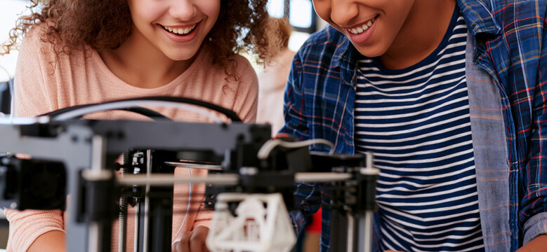 teenagers working together on a 3D printer in school