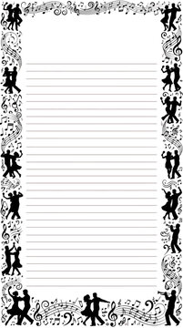 Stationery paper features a black and white border decorated with silhouettes of dancing couples and musical notes.