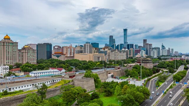 Beijing skyline with ancient city wall and modern skyscrapers, China in Beijing, China