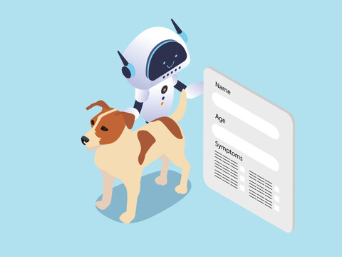 Robot Vet Examining Dog for AI Automated Veterinary Care and Diagnosis 3d isometric vector illustration