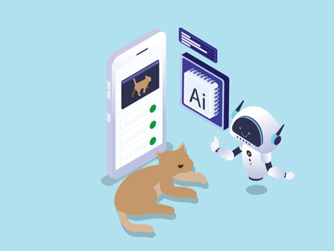 AI Robot Assistant Monitoring Cat Health via Smartphone Mobile App 3d isometric vector illustration