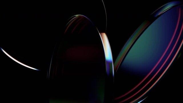 Abstract animation, dark background with color refraction on glass shapes, 4k seamless loop 3d animation