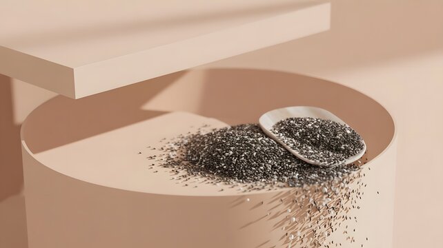 Organic chia seeds pouring from a white ceramic spoon onto a smooth minimalist beige platform surface