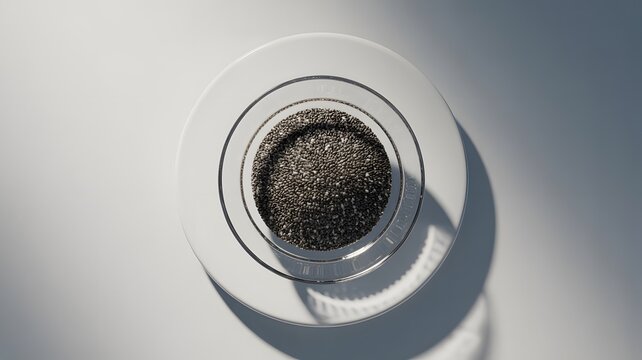 Organic chia seeds sitting inside a clear glass bowl on a clean bright white flat surface