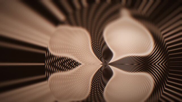 Seamless 3D loop featuring an abstract sphere with op art halftone stripes and moire pattern in warm sepia tones, creating a hypnotic pulsing vortex for modern motion design.