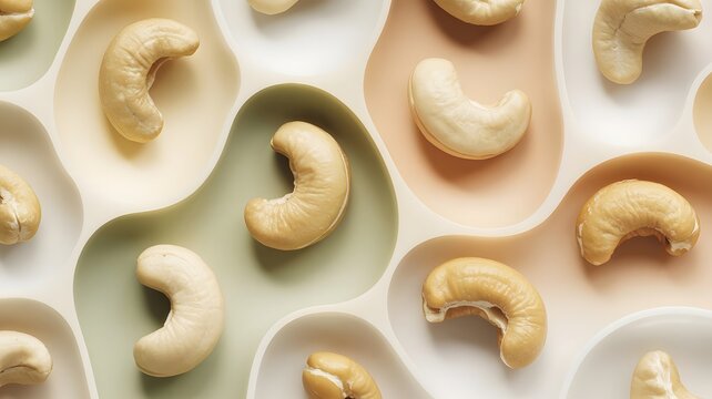 Fresh roasted cashew nuts arranged neatly inside smooth organic curved shapes with soft neutral pastel tones