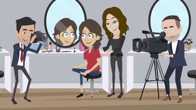 2D animation of a camera crew video shooting a female model sitting in a beauty makeup salon mirror studio setting