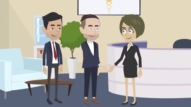 2D animation of corporate business people shaking hands in a medical office lobby healthcare deal partnership