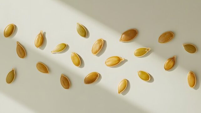 Roasted pumpkin seeds arranged neatly on a flat light beige surface with soft natural directional lighting