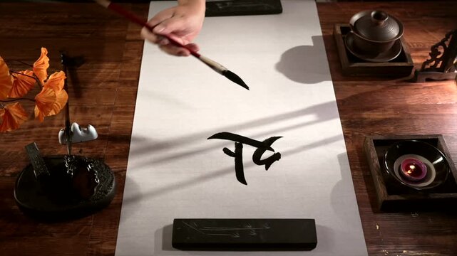 Traditional calligraphy brush over white paper on wooden table