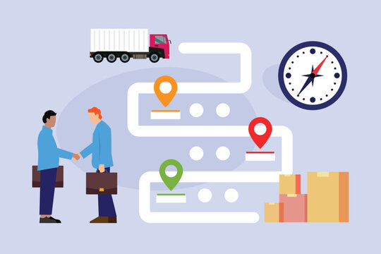 Logistics and Supply Chain Management Featuring Businessmen Handshake, Delivery Truck, Route Planning, and On-Time Shipment Tracking 2d flat vector illustration