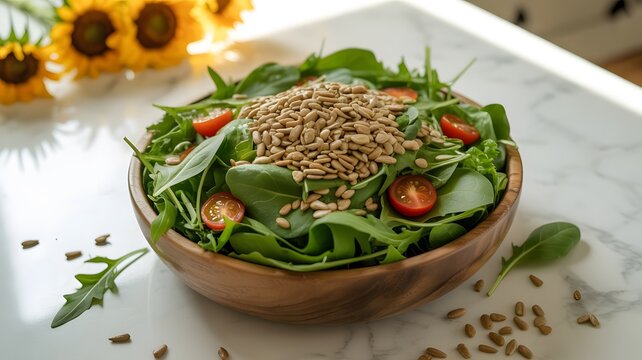Fresh green salad with sunflower seeds and cherry tomatoes in a round wooden serving bowl