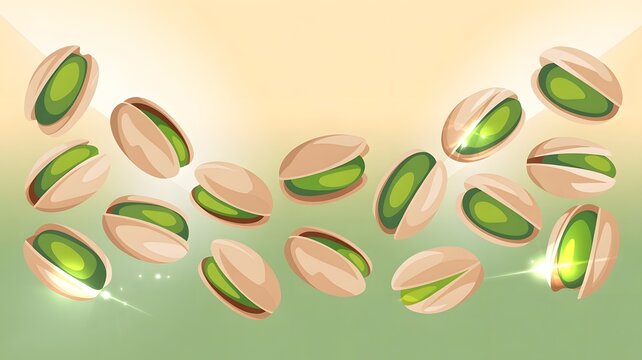 Delicious roasted pistachios floating in mid air against a bright gradient background with soft glowing sparkles