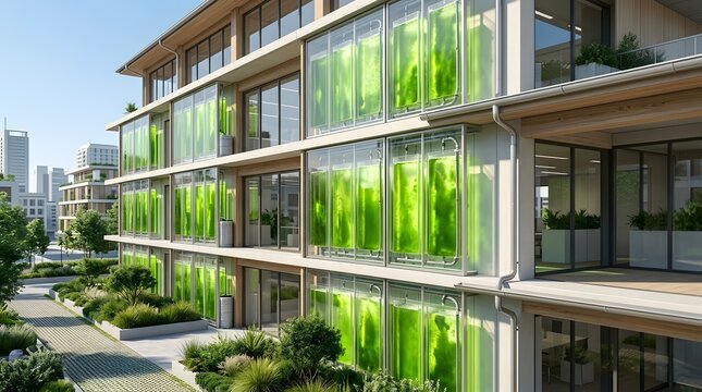 Sustainable office building featuring vertical algae bioreactors
