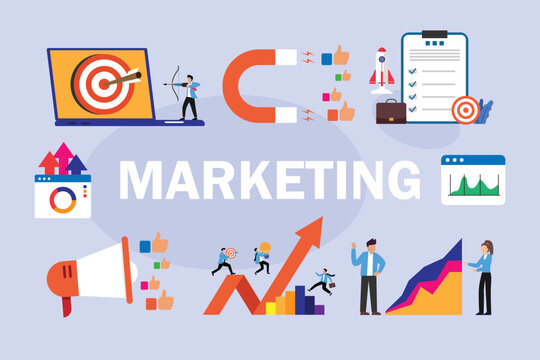 Digital Marketing Strategy and Business Growth with Target Audience Attraction, Analytics, Megaphone, Magnet, and Financial Success Data 2d flat vector illustration