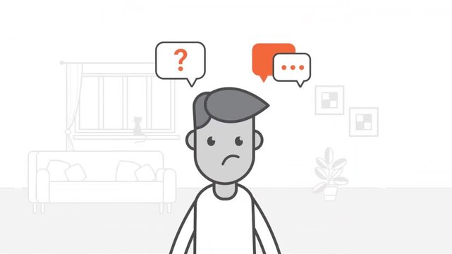2D animation outline of a sad man with speech bubble and question mark icons mental health confusion concept