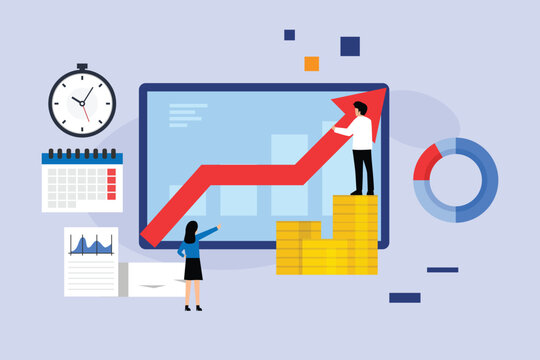 Business Growth and Financial Success with Analytics, Growing Arrow Chart, Gold Coins, Clock, and Calendar 2d flat vector illustration