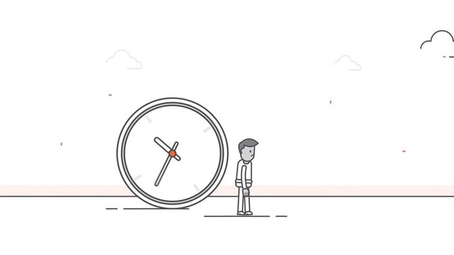 2D animation line art of a man standing next to a large clock balance deadline and time management concept