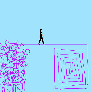 Woman walking on a tightrope from confusion to order