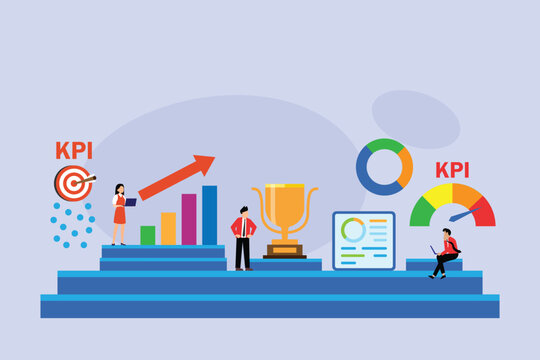 Key Performance Indicator KPI Business Concept with Team Analyzing Data, Growth Chart, Trophy, and Meter 2d flat vector illustration