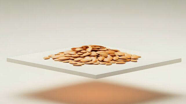 Pile of raw pumpkin seeds rests upon a floating white square platform with soft lighting
