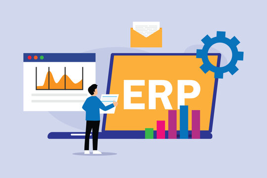 Enterprise Resource Planning ERP System Concept with Business Analytics, Laptop Dashboard, Data Chart, Gear, and Professional Analyst 2d flat vector illustration