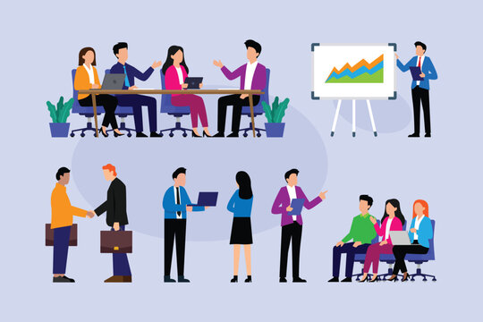 Business People Meeting, Presentation, and Teamwork Set 2d flat vector illustration