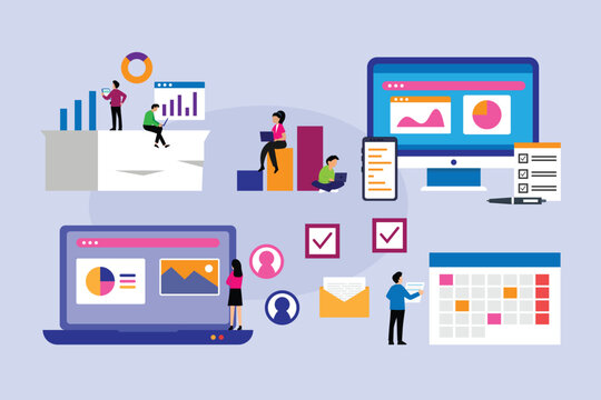 Business Data Analysis, Team Management, and Digital Marketing Concept 2d flat vector illustration