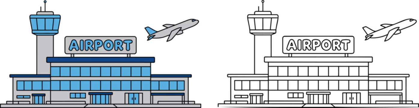 Architectural sketch and colored illustration of a modern airport terminal building with a control tower