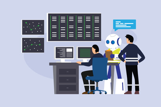 Artificial Intelligence Engineering, Server Monitoring, and Data Center Control 2d flat vector illustration