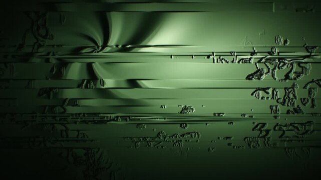 Seamless 3D loop animation in a glitch aesthetic with noisy scanline distortion and green gradient lighting. Futuristic abstract tech backdrop with fragmented digital artifacts.