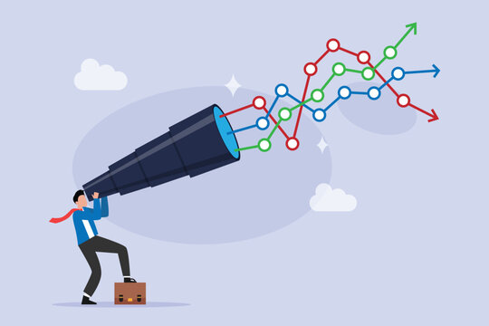 Businessman Looking Through Telescope for Market Forecasting and Business Growth 2d flat vector illustration