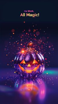 Glamorous vertical Halloween corporate party flyer.  Glowing neon text header at the top says "No Work, All Magic!". 