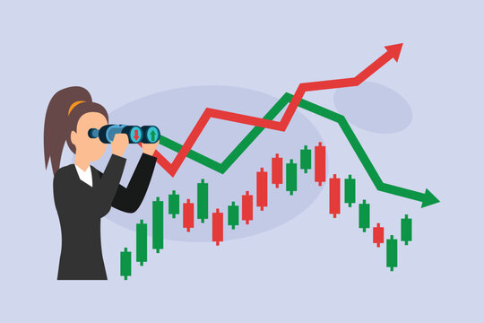 Businesswoman Looking Through Binoculars for Stock Market Analysis and Investment Trends 2d flat vector illustration