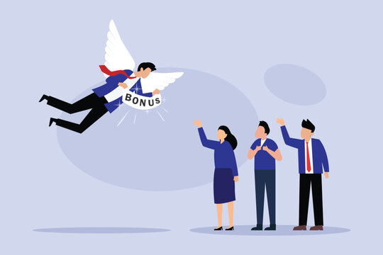 Flying Businessman Giving Bonus Reward to Employees and Business Team Concept 2d flat vector illustration