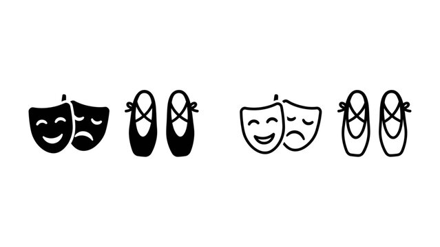 Theater Mask and Ballet Shoe Icons: Two sets of iconic symbols representing the performing arts - dramatic masks showing joy and sorrow, paired with delicate ballet shoes.