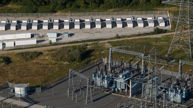 Aerial view of battery energy storage system and substation