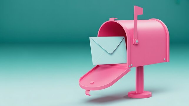 Minimalist 3d of a bright pink mailbox with an open door and a light blue envelope inside set against a solid pastel teal background