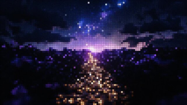 8-bit pixel art animation of a glowing road leading toward a magical cosmic horizon at night.