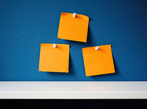Three orange sticky notes pinned to a dark blue wall suitable for planning media symbolizing task organization brainstorming and new ideas