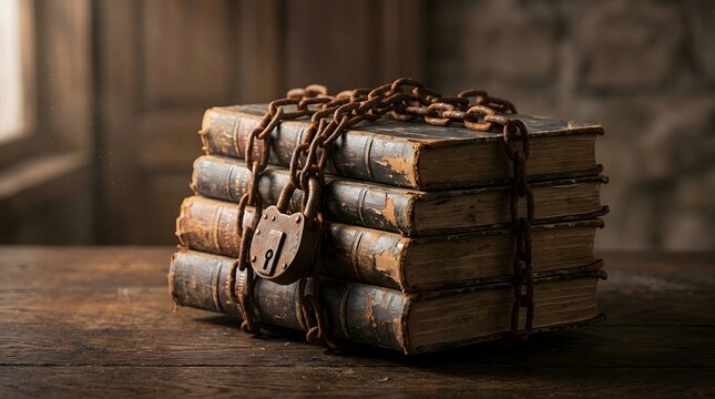 Stack of old books bound by rusty iron chains and padlock