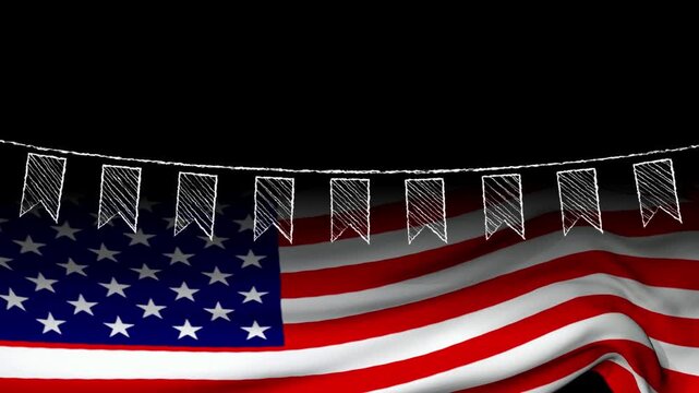 Bunting flags hang above a waving American flag in a festive celebration scene set against a solid black background.