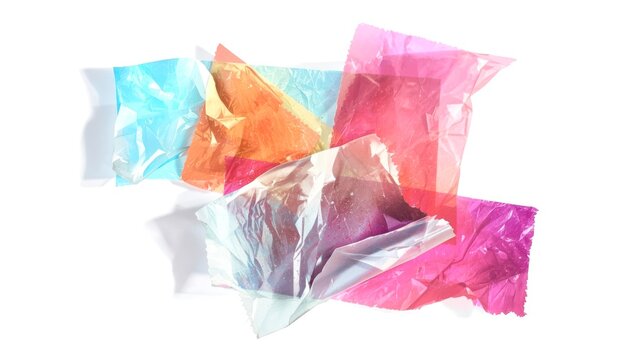 Pastel plastic bags float softly against a pure white backdrop