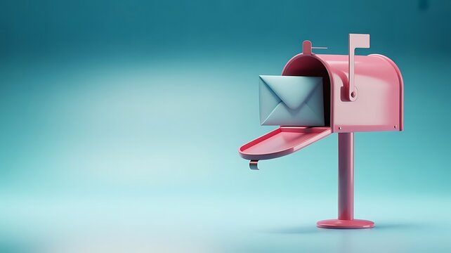 Minimalist 3d render of a pink mailbox with an open door and a light blue envelope inside isolated on a smooth gradient teal studio background