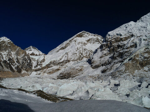 Snowy peaks and rugged glacier landscape in the Himalayas near Mount Everest in Nepal